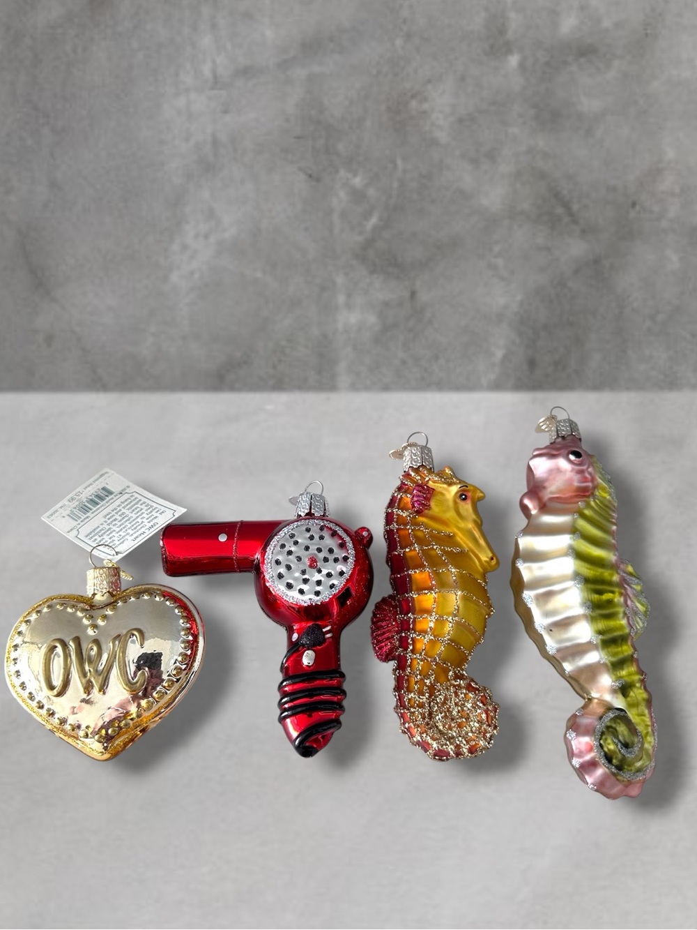 LOT OF 4 Old World Christmas ORNAMENTS SEAHORSE HAIR DRYER HEART 2 BOXES